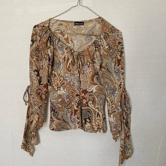 Multicolored Bodycon Boho Top with Ties & Tapered Split Sleeves – Sz S - Picture 12 of 15